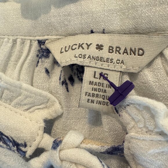 Lucky Brand Women’s L White Blue Floral Boho Peasant Top Long Sleeve Ruffle Neck - Picture 6 of 10